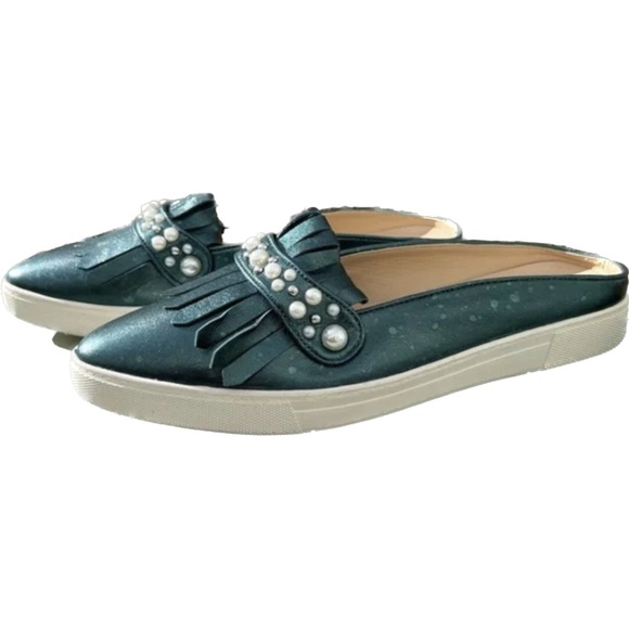 Karl Lagerfeld Shoes - Karl Lagerfeld Paris Dark Teal pearl details Alyssa leather Slip On Mule Shoes
